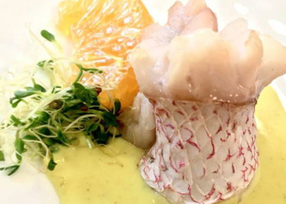 Red Snapper Roll on Coconut Cream with Coriander, Ginger and Curry